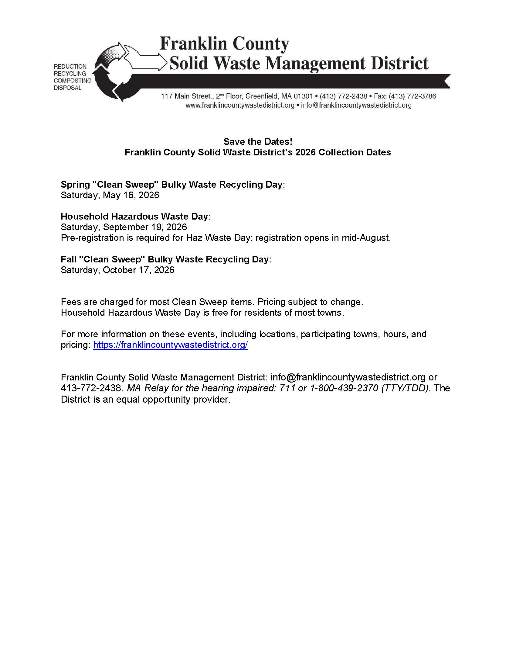 Save the Dates 2026 FCSWMD collection events